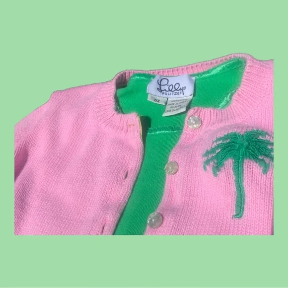 LILLY PULITZER Green Long Sleeve Top with Pink Cardigan w/Green Palm Tree - 6X - Picture 2 of 11